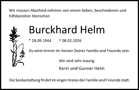 Traueranzeige von Burckhard Helm von Ostsee-Zeitung GmbH