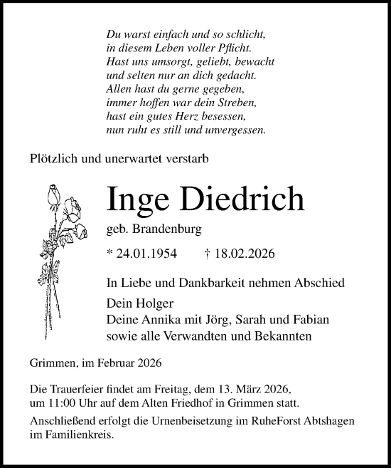 Traueranzeige von Inge Diedrich von Ostsee-Zeitung GmbH & Co. KG