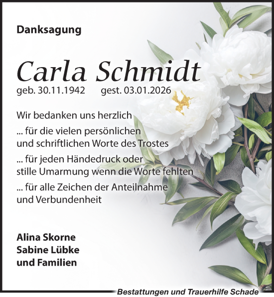 Traueranzeige von Carla Schmidt von Leipziger Volkszeitung