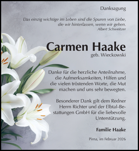 Traueranzeige von Carmen Haake von Sächsische Zeitung