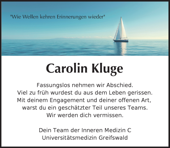 Traueranzeige von Carolin Kluge von Ostsee-Zeitung GmbH