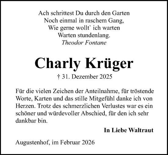 Traueranzeige von Charly Krüger von Lübecker Nachrichten