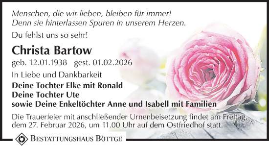 Traueranzeige von Christa Bartow von Leipziger Volkszeitung