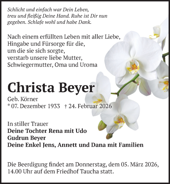 Traueranzeige von Christa Beyer von Leipziger Volkszeitung
