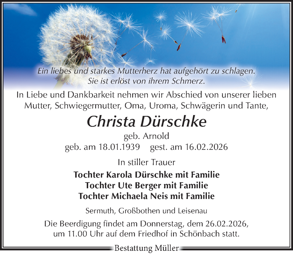  Traueranzeige für Christa Dürschke vom 21.02.2026 aus Leipziger Volkszeitung