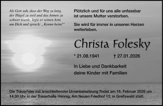Traueranzeige von Christa Folesky von Ostsee-Zeitung GmbH