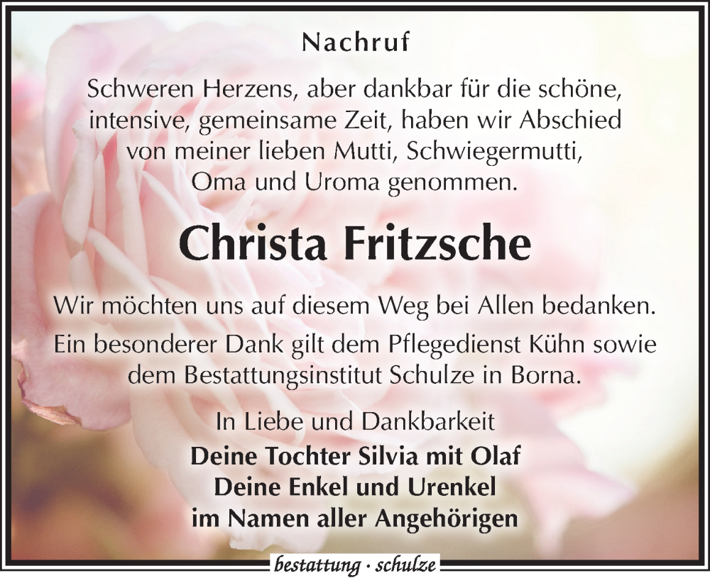  Traueranzeige für Christa Fritzsche vom 14.02.2026 aus Leipziger Volkszeitung