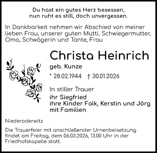 Traueranzeige von Christa Heinrich von Sächsische Zeitung