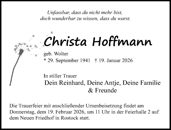 Traueranzeige von Christa Hoffmann von Ostsee-Zeitung GmbH