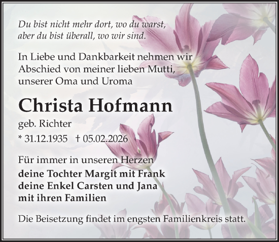Traueranzeige von Christa Hofmann von Sächsische Zeitung