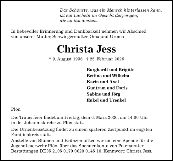 Traueranzeige von Christa Jess von Kieler Nachrichten