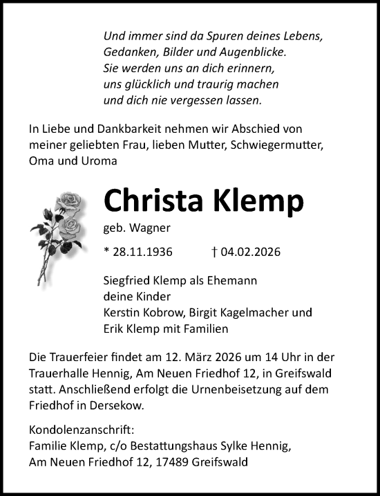Traueranzeige von Christa Klemp von Ostsee-Zeitung GmbH