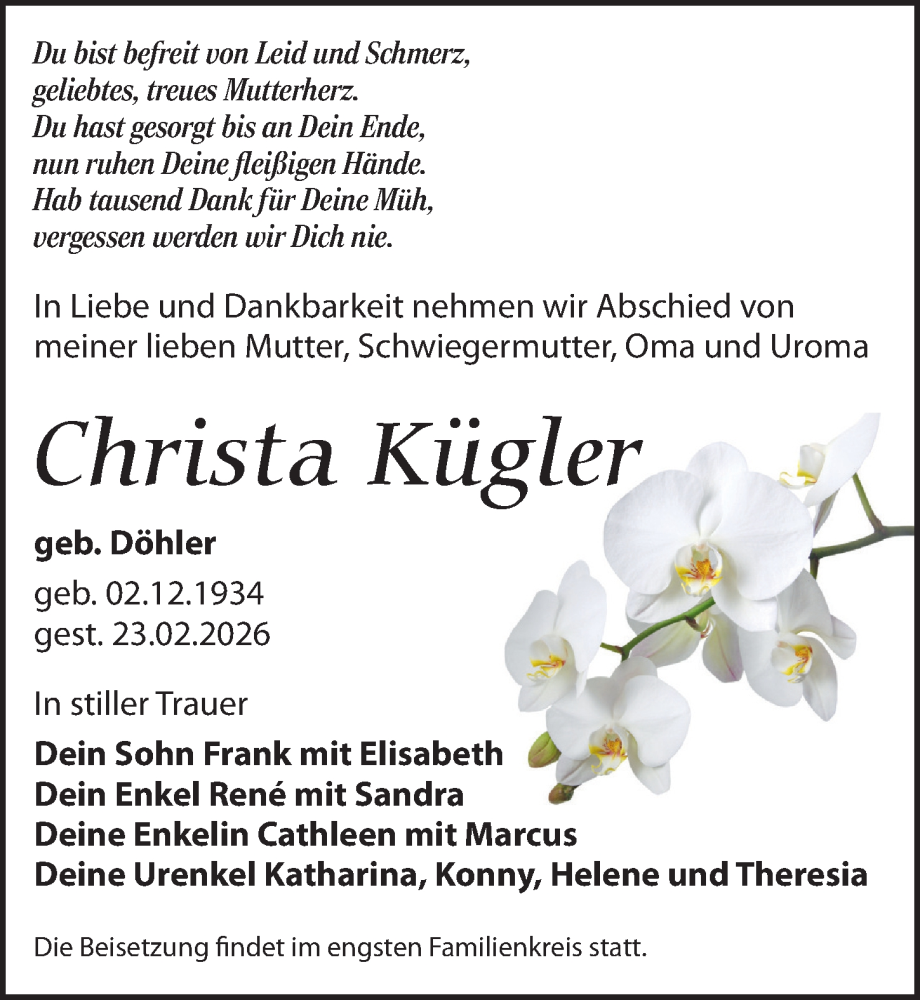  Traueranzeige für Christa Kügler vom 28.02.2026 aus Leipziger Volkszeitung