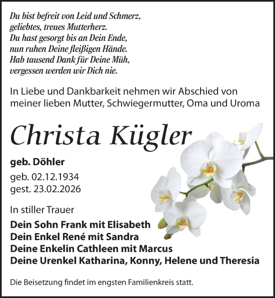 Traueranzeige von Christa Kügler von Leipziger Volkszeitung