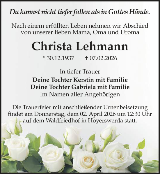 Traueranzeige von Christa Lehmann von Sächsische Zeitung