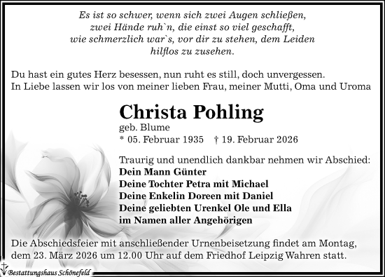Traueranzeige von Christa Pohling von Leipziger Volkszeitung