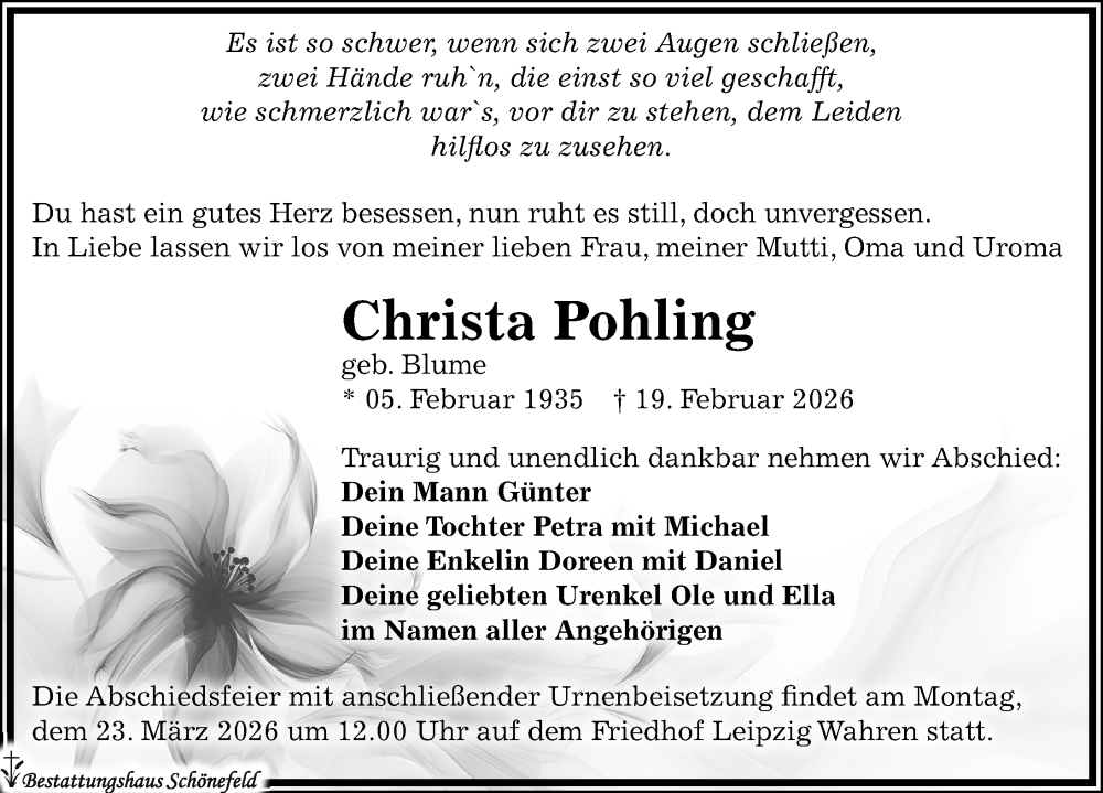  Traueranzeige für Christa Pohling vom 28.02.2026 aus Leipziger Volkszeitung