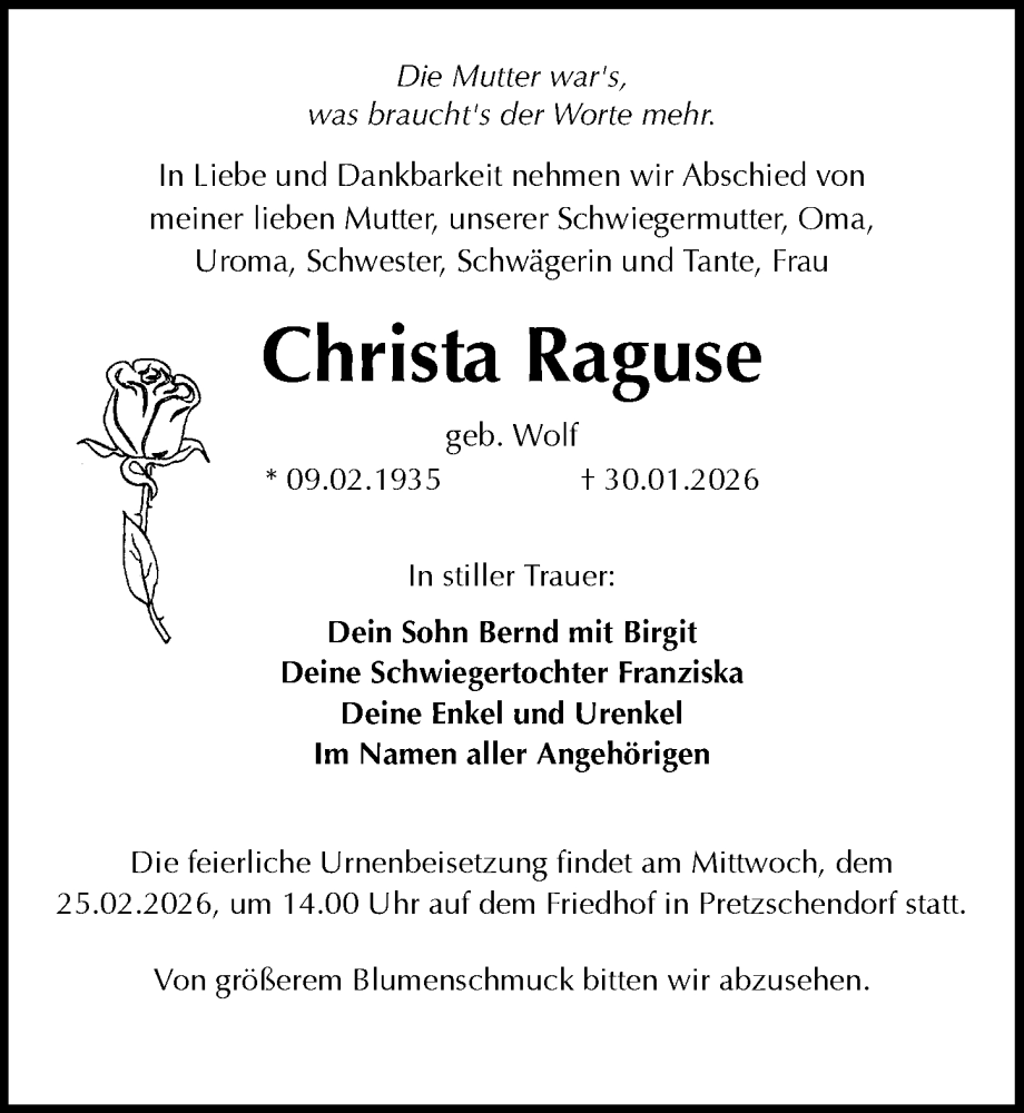  Traueranzeige für Christa Raguse vom 07.02.2026 aus Sächsische Zeitung