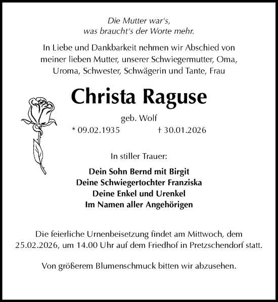 Traueranzeige von Christa Raguse von Sächsische Zeitung