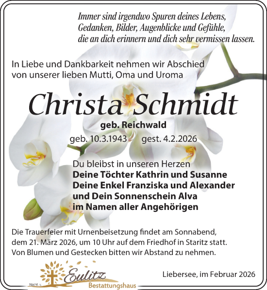 Traueranzeige von Christa Schmidt von Torgauer Zeitung