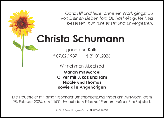 Traueranzeige von Christa Schumann von Aller Zeitung