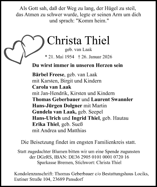 Traueranzeige von Christa Thiel von Lübecker Nachrichten