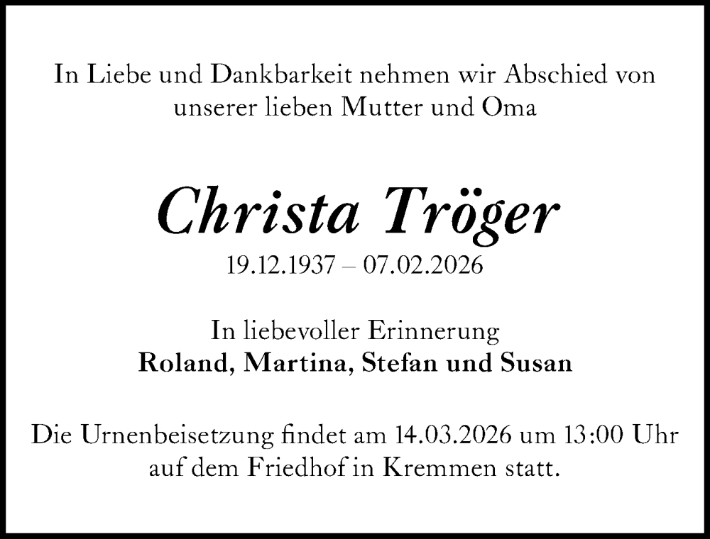  Traueranzeige für Christa Tröger vom 21.02.2026 aus Leipziger Volkszeitung