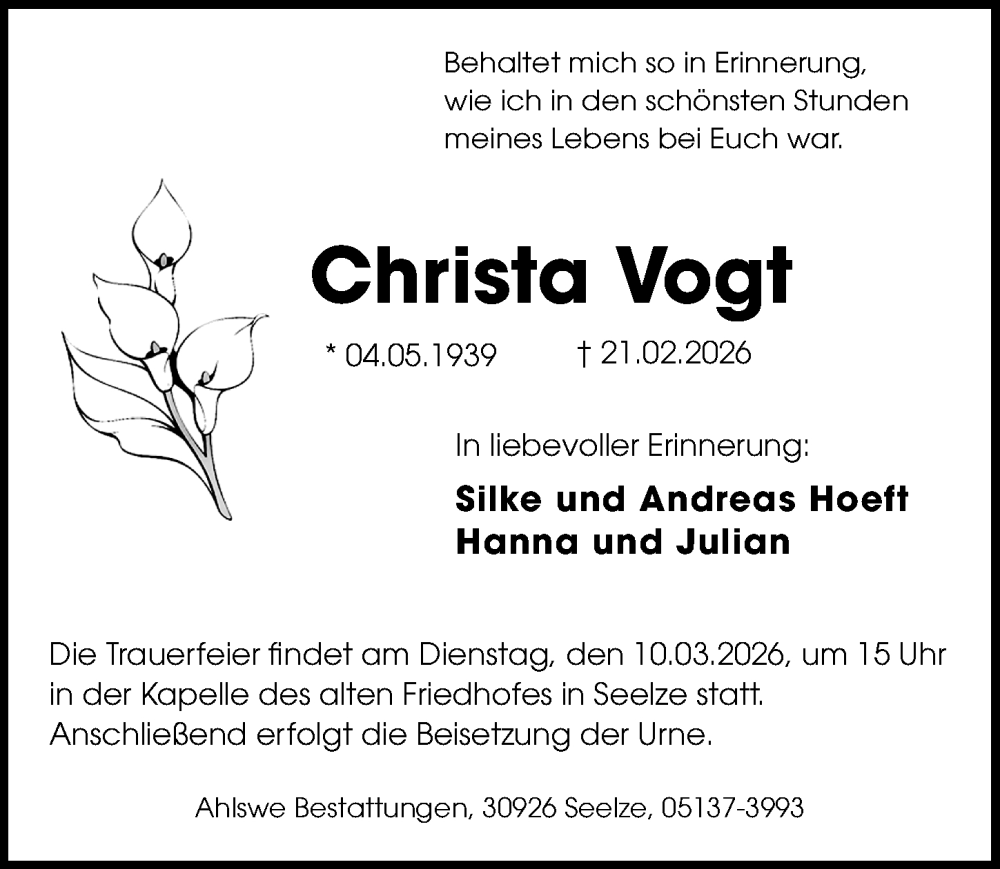 Traueranzeige für Christa Vogt vom 28.02.2026 aus Hannoversche Allgemeine Zeitung/Neue Presse