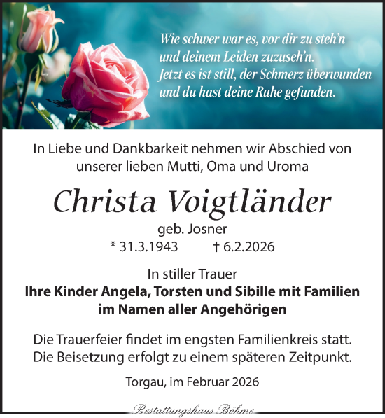Traueranzeige von Christa Voigtländer von Torgauer Zeitung