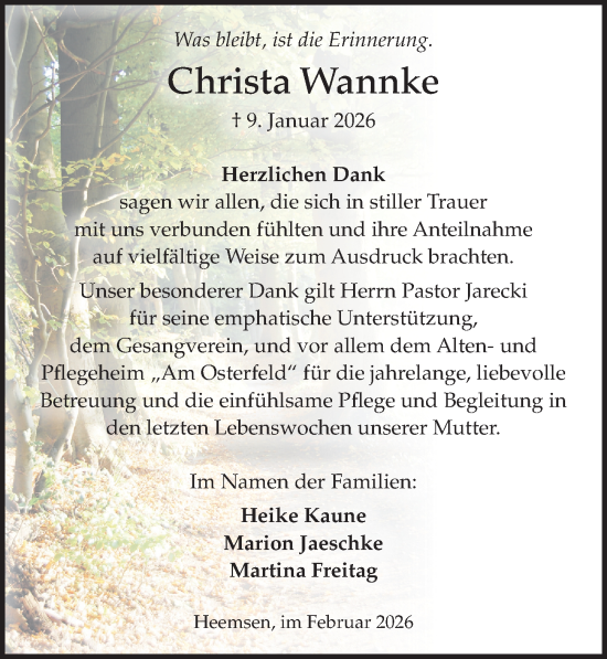Traueranzeige von Christa Wannke von Die Harke