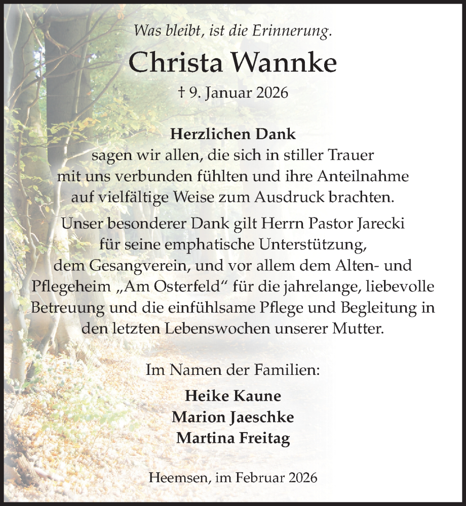  Traueranzeige für Christa Wannke vom 21.02.2026 aus Die Harke