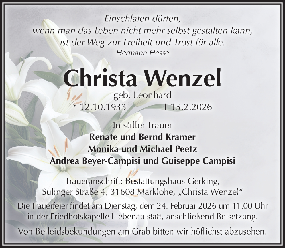  Traueranzeige für Christa Wenzel vom 21.02.2026 aus Hannoversche Allgemeine Zeitung/Neue Presse