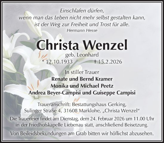 Traueranzeige von Christa Wenzel von Hannoversche Allgemeine Zeitung/Neue Presse