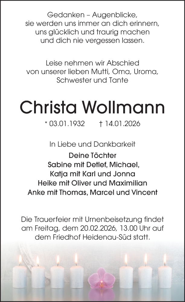  Traueranzeige für Christa Wollmann vom 24.01.2026 aus Sächsische Zeitung