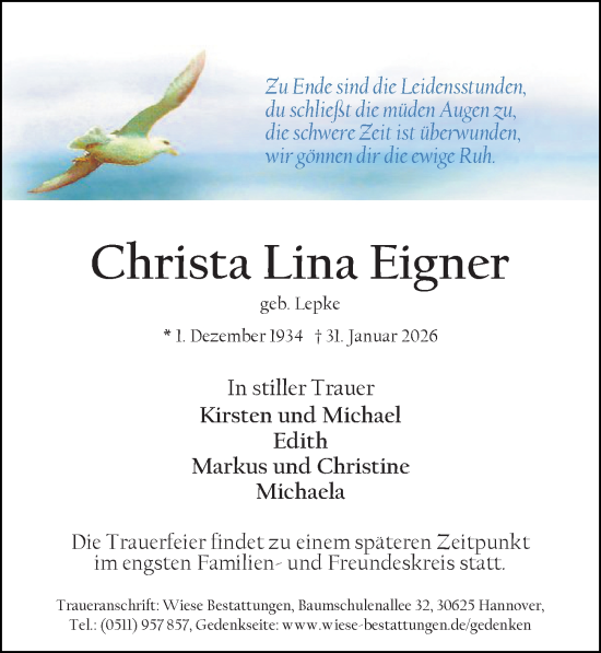 Traueranzeige von Christa Lina Eigner von Hannoversche Allgemeine Zeitung/Neue Presse