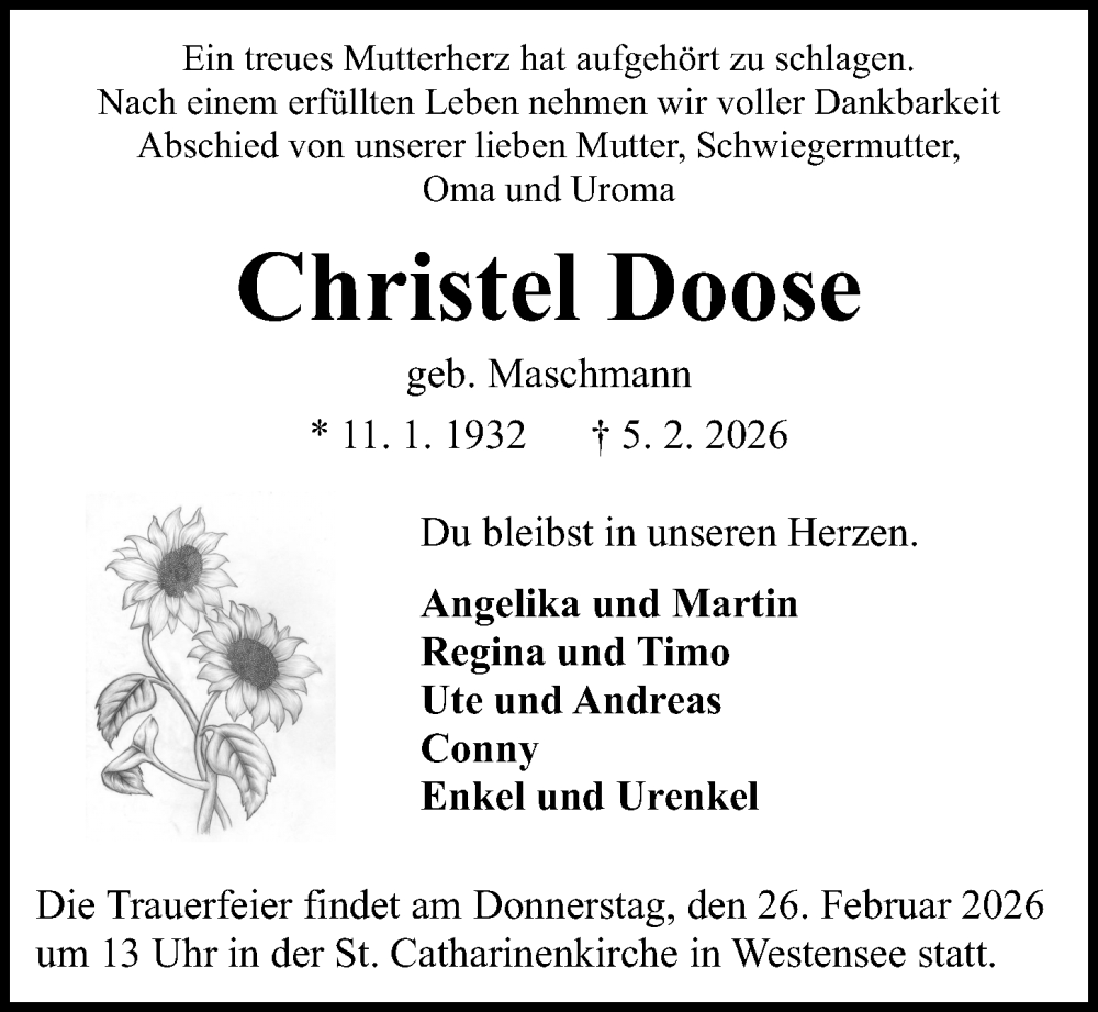  Traueranzeige für Christel Doose vom 21.02.2026 aus Kieler Nachrichten