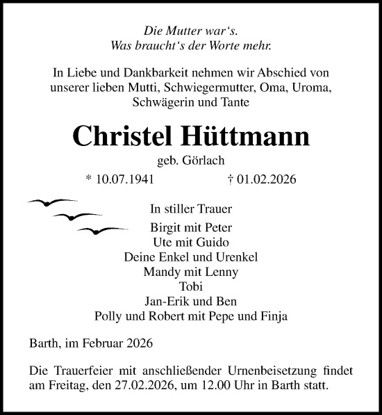 Traueranzeige von Christel Hüttmann von Ostsee-Zeitung GmbH
