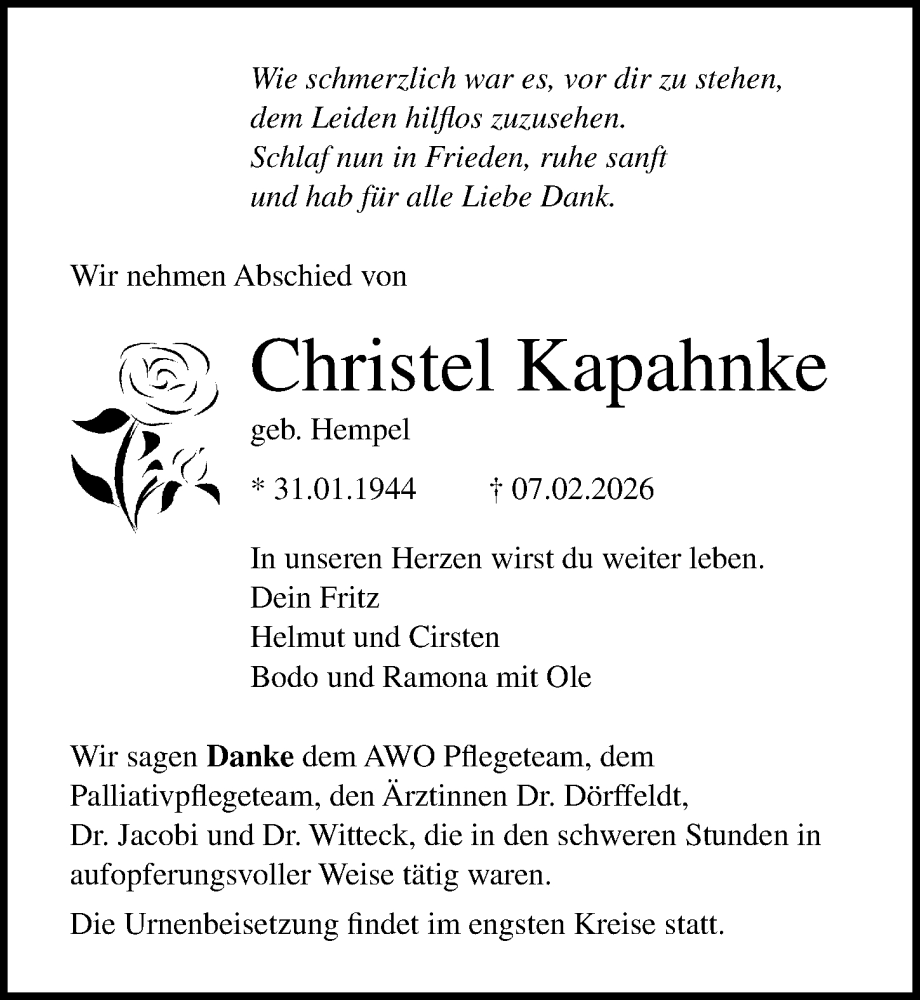  Traueranzeige für Christel Kapahnke vom 14.02.2026 aus Ostsee-Zeitung GmbH