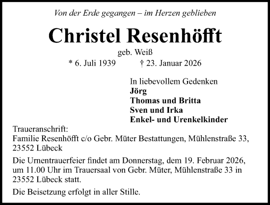 Traueranzeige von Christel Resenhöfft von Lübecker Nachrichten
