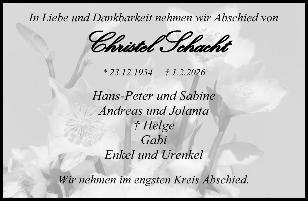  Traueranzeige für Christel Schacht vom 08.02.2026 aus Lübecker Nachrichten