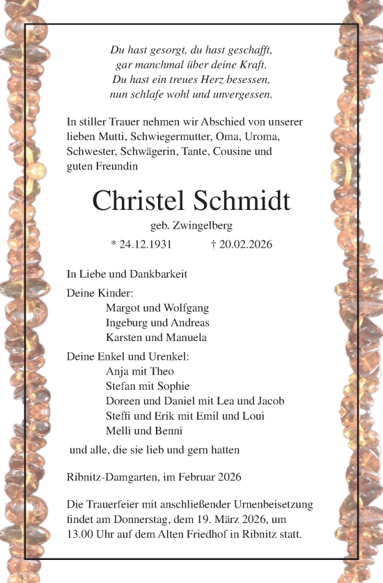Traueranzeige von Christel Schmidt von Ostsee-Zeitung GmbH