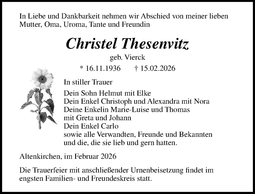  Traueranzeige für Christel Thesenvitz vom 21.02.2026 aus Ostsee-Zeitung GmbH