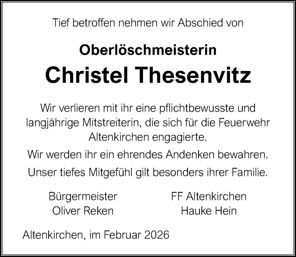  Traueranzeige für Christel Thesenvitz vom 21.02.2026 aus Ostsee-Zeitung GmbH