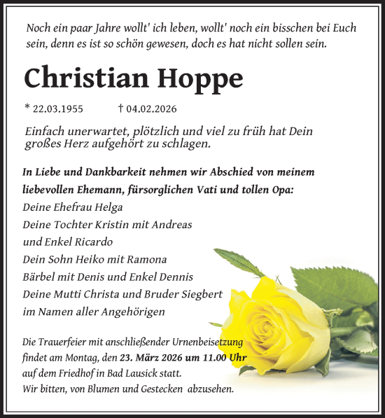 Traueranzeige von Christian Hoppe von Leipziger Volkszeitung