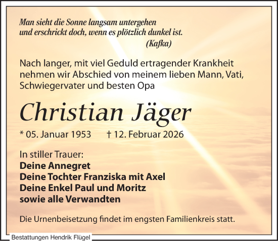 Traueranzeige von Christian Jäger von Leipziger Volkszeitung