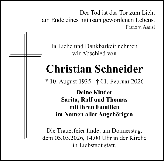 Traueranzeige von Christian Schneider von Sächsische Zeitung