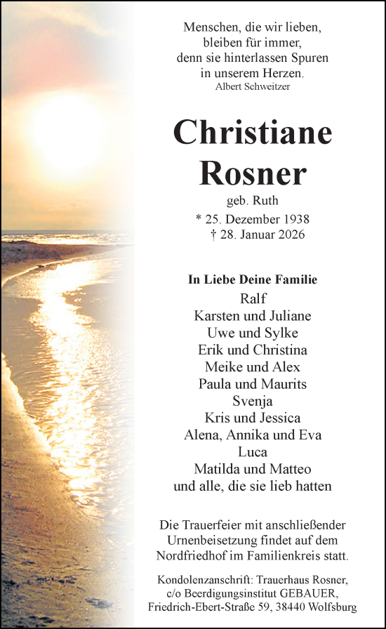 Traueranzeige von Christiane Rosner von Aller Zeitung