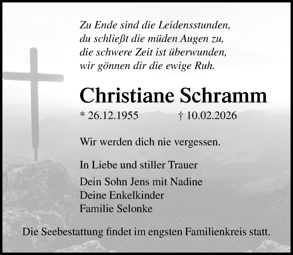  Traueranzeige für Christiane Schramm vom 21.02.2026 aus Ostsee-Zeitung GmbH