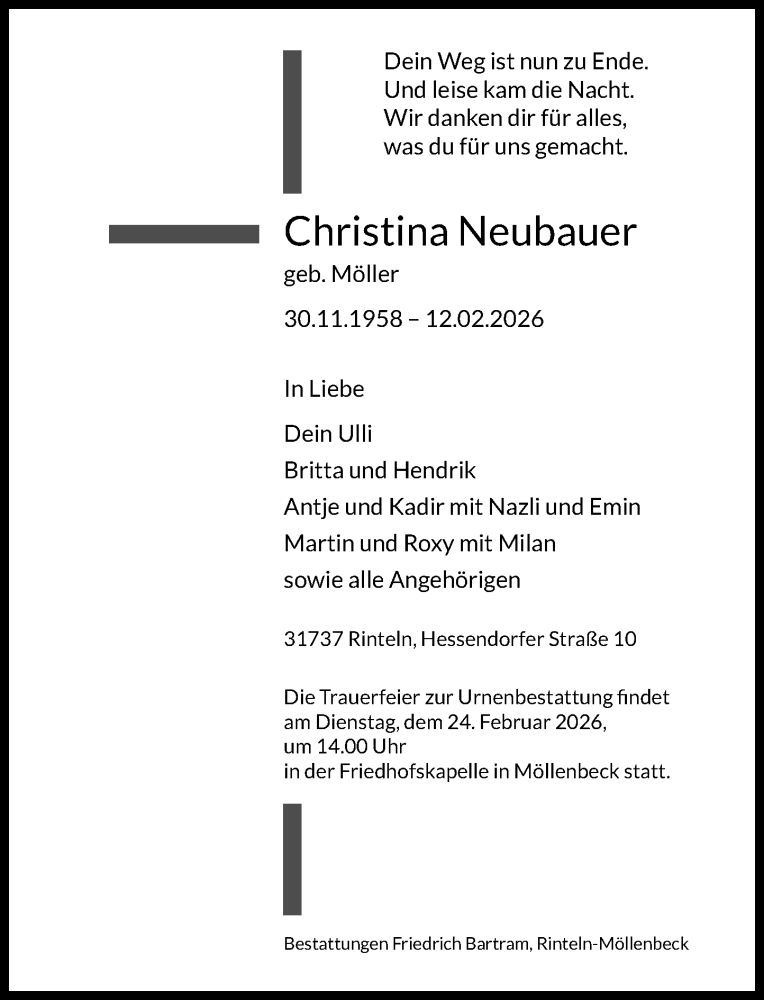  Traueranzeige für Christina Neubauer vom 21.02.2026 aus Schaumburger Nachrichten und Schaumburger Zeitung/ Landes-Zeitung