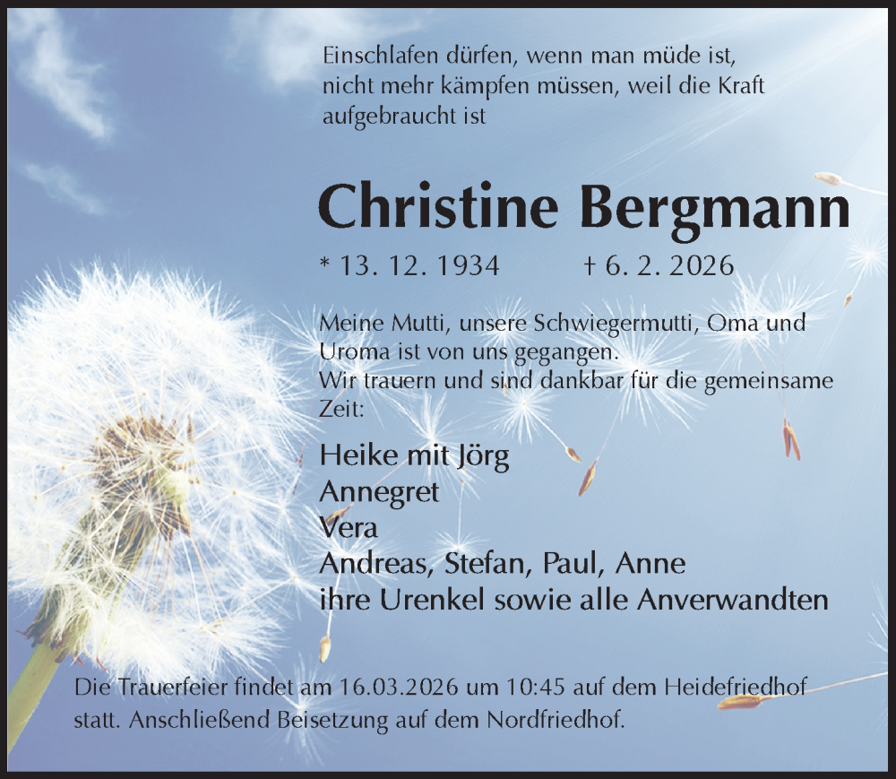  Traueranzeige für Christine Bergmann vom 14.02.2026 aus Sächsische Zeitung